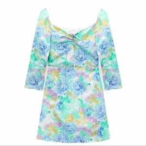 New ZARA Off Shoulder Floral Watercolor Poplin Mini Dress Ruched Puff Sleeve XS